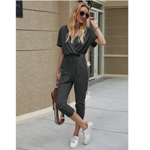 Rouge! Pants - Surplice Top Drawstring Waist Grey Jumpsuit